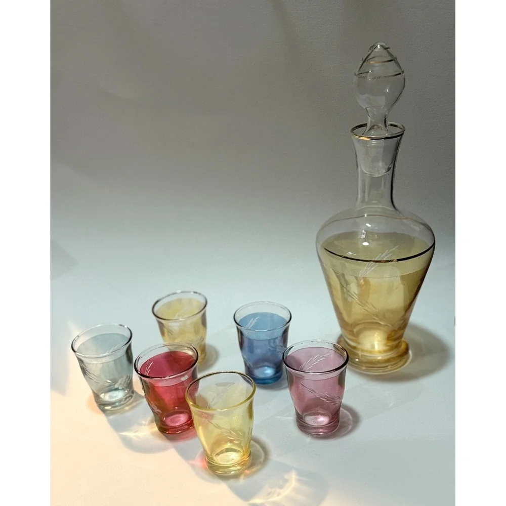 FIDENZA Vetraria Italian 60s / 1970's Multicolor Decanter  6 Cup Bar Set VINTAGE